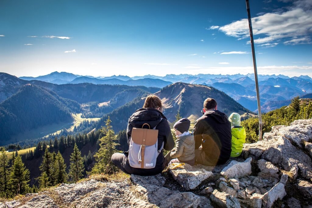 family, hike, travel, nature, alps, distant view, hochwald, fir trees, mountains, wallberg, summit, picnic, hiking area, recreation, leisure time, mood, bavaria